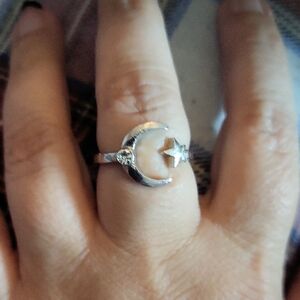 Silver Crescent Moon and Star Ring Ajustable